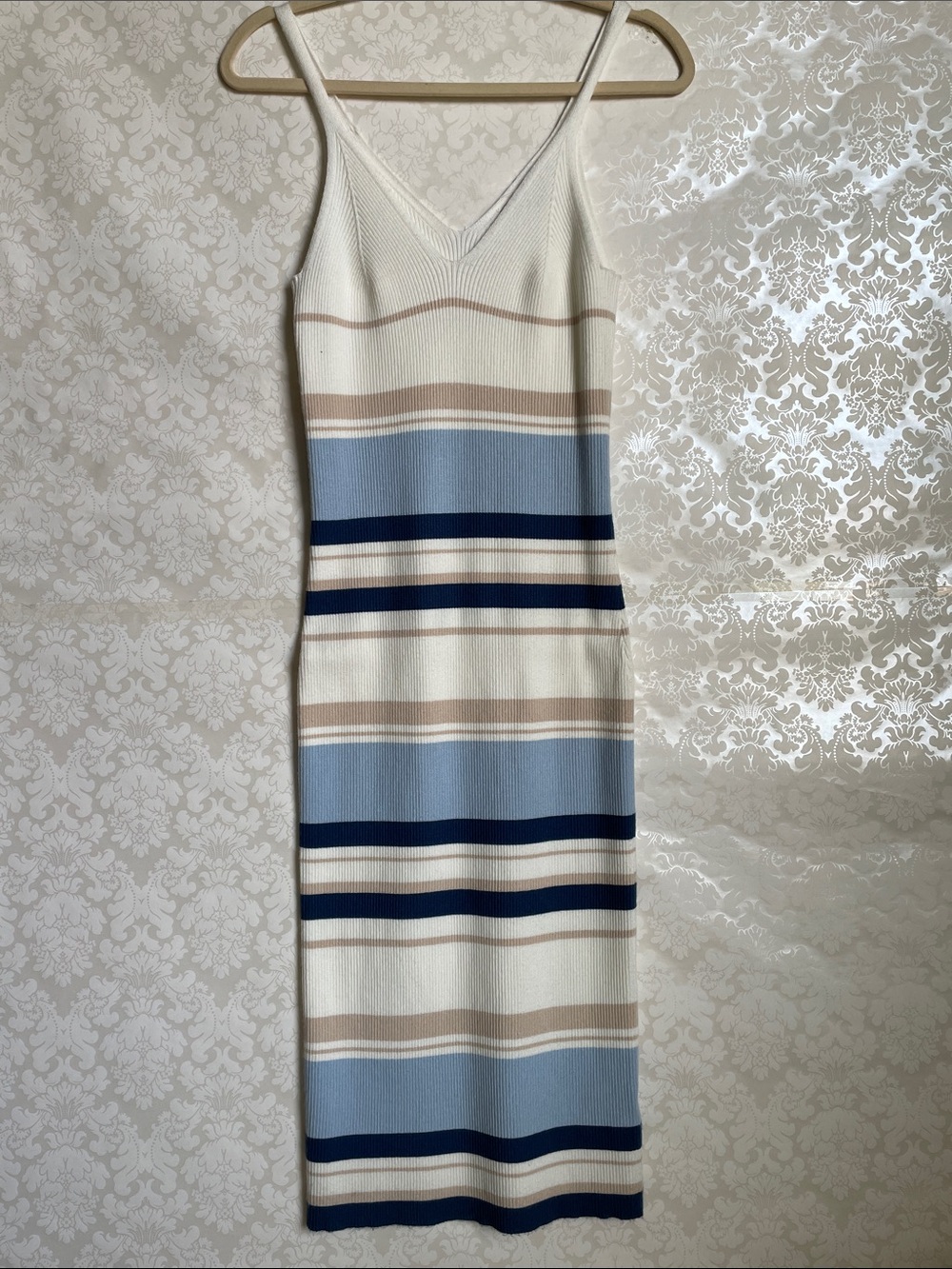 Striped Knit Midi Dress in Cream, Light Blue & Navy